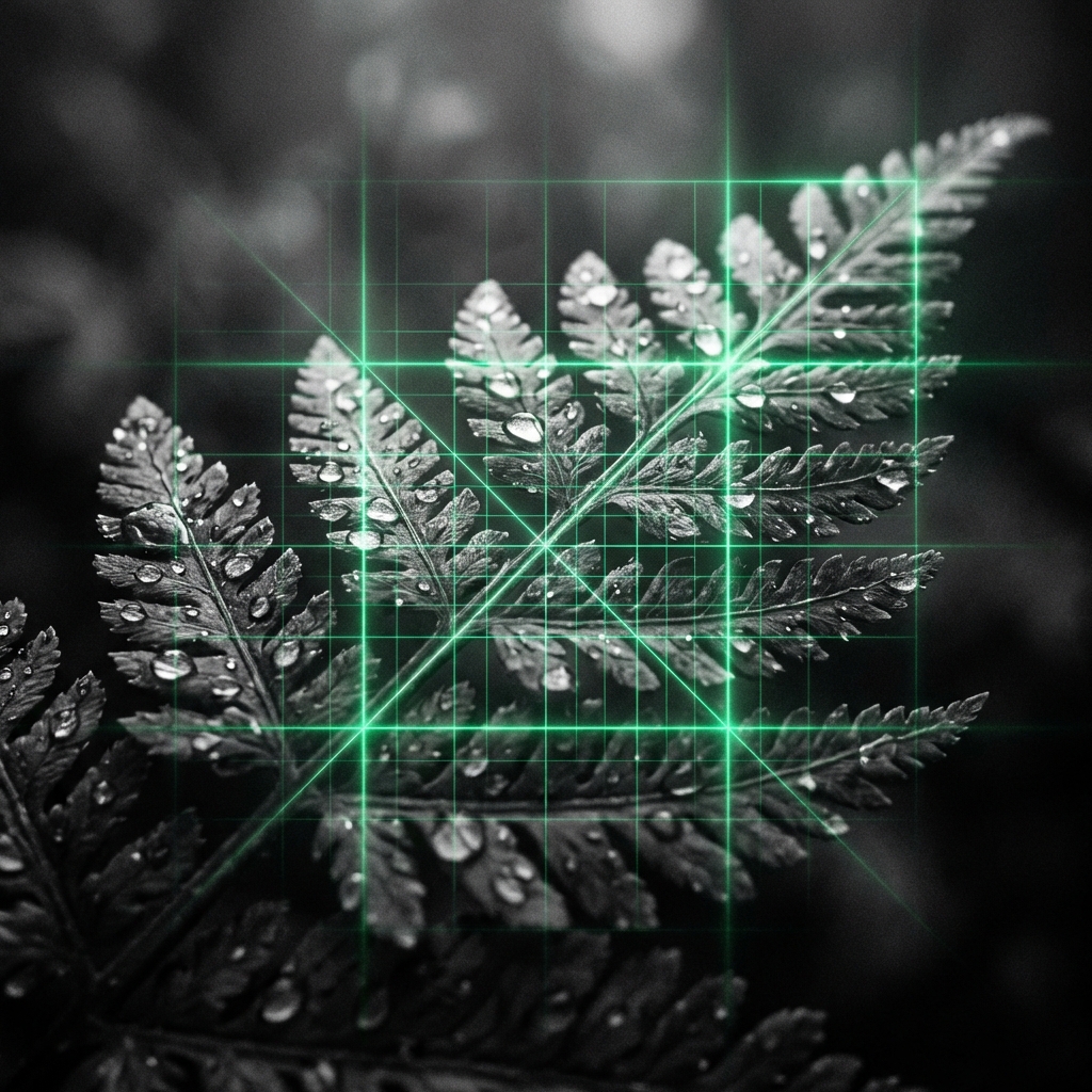 Macro fern leaf with digital green scanning overlay