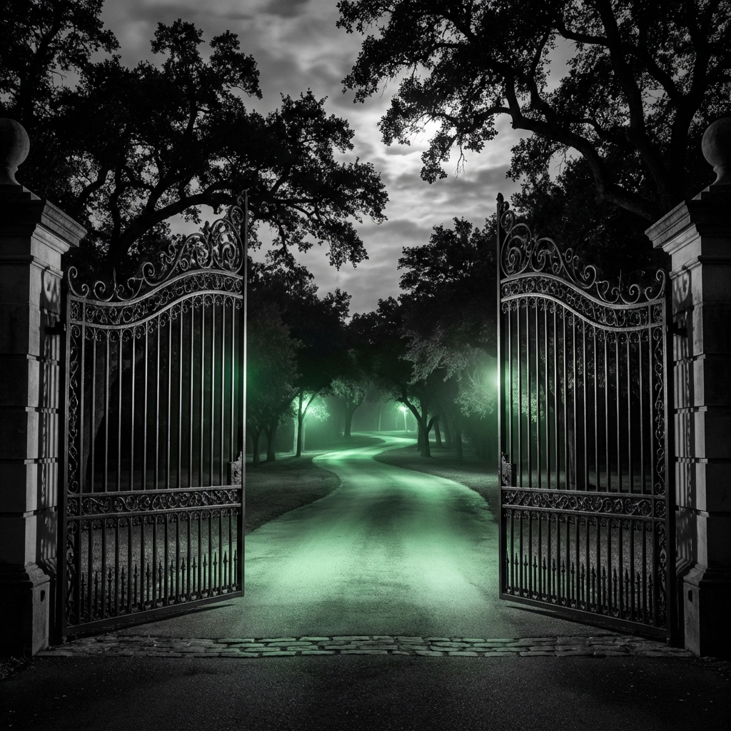Grand estate gates opening to green illuminated path