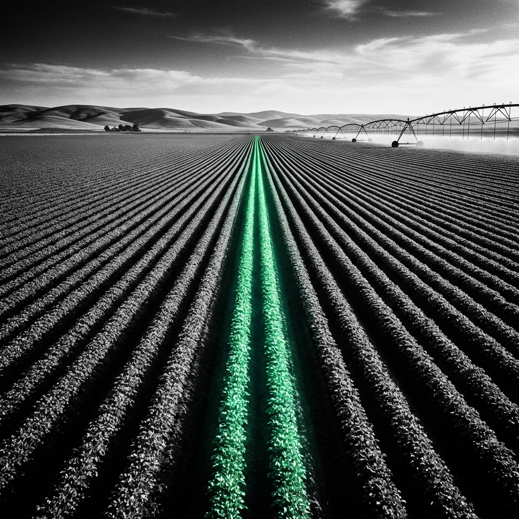 Black and white agricultural rows with one vibrant green central path