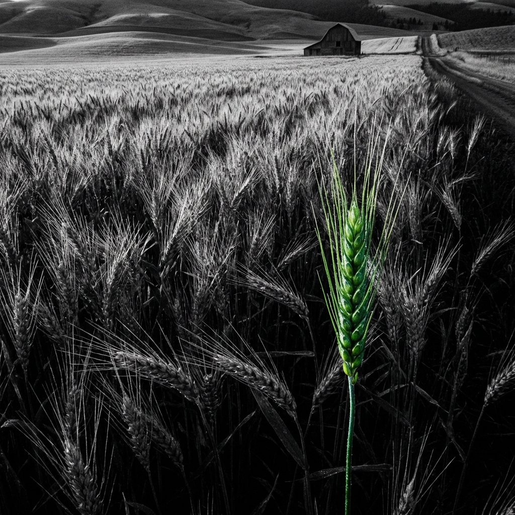 Mature wheat field with single green stalk