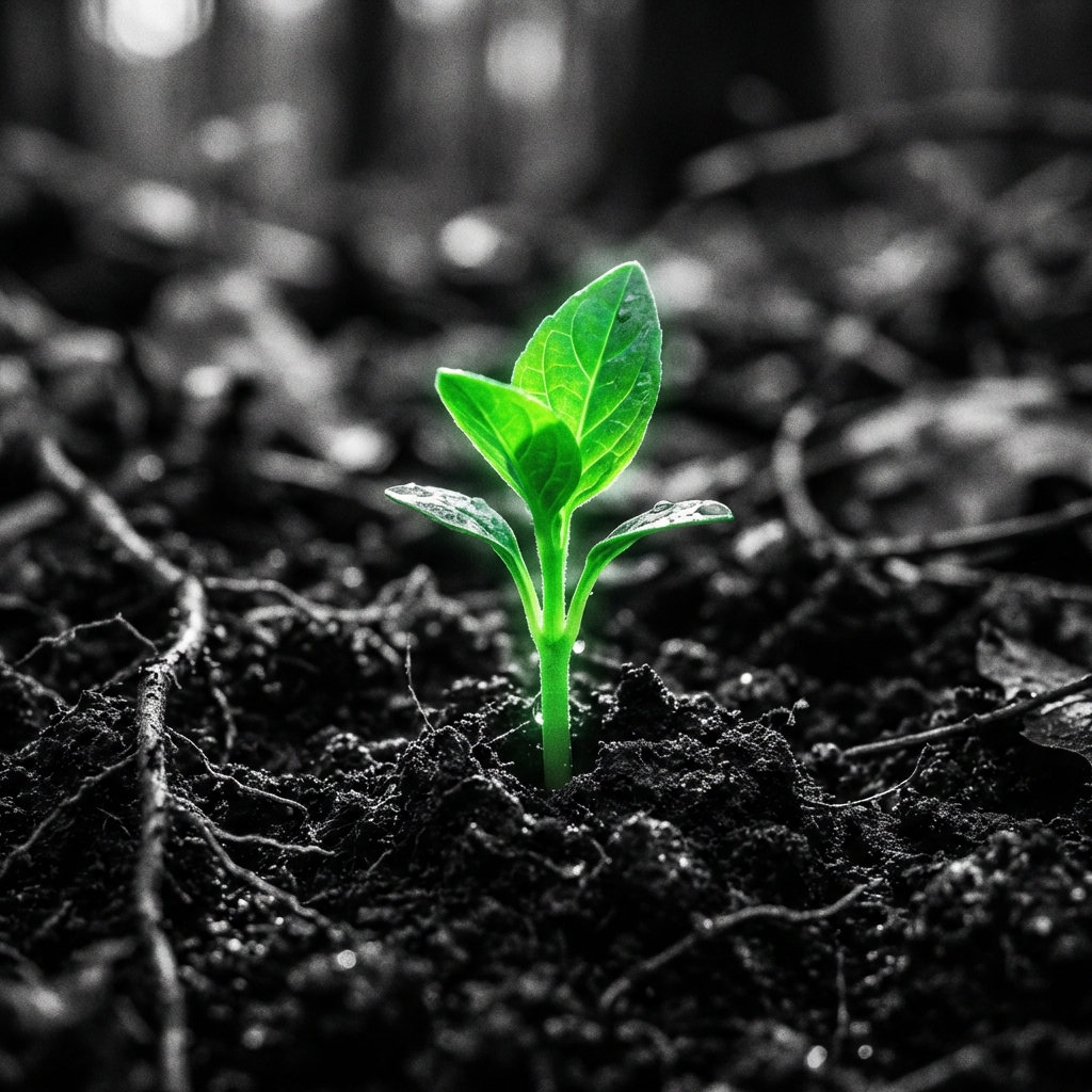 Strong seedling sprouting from dark soil with green glow